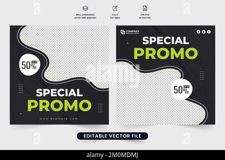 Speciale design modello sconto ristorante con colori bianco e verde su sfondi scuri. Business culinario promozionale web banner vettore con disco Illustrazione Vettoriale