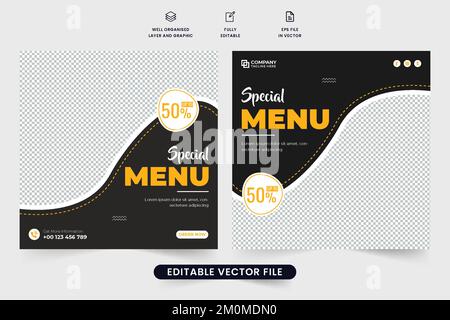 Speciale modello di menu post vettore social media con colori gialli e scuri. Moderno modello promozionale per i social media. Banner Web promozione alimentare t Illustrazione Vettoriale