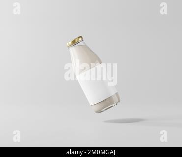 Tè al latte in una bottiglia di vetro trasparente, una bottiglia di vetro di mockup al latte, rendering 3D, modellazione 3D Foto Stock