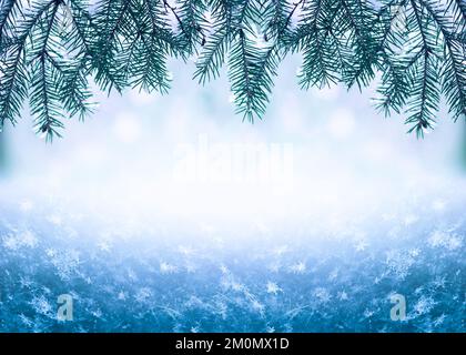 Inverno sfondo natalizio con rami di abete nevoso e neve ghiacciata fiocchi di neve mucchio. Design della carta delle Vacanze invernali Foto Stock