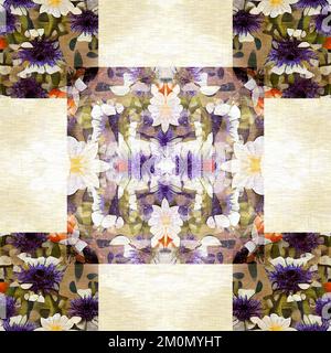Motivo senza cuciture in patchwork floreale. Geo Swatch ornato per carta da parati natura esotica. Cottagecore fiore petalo fatto a mano bohemian senza cuciture Foto Stock