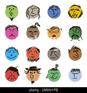 Teste per scarabocchio colorate. Volti a fumetti rotondi con varie emozioni. Stile di disegno a pastello. Diversi personaggi colorati. Gente di stile di cartone animato. Illustrazione Vettoriale