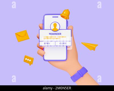 Promemoria 3D rendering - telefono cellulare in mano con pagina di notifica e elementi mobili in viola. Foto Stock