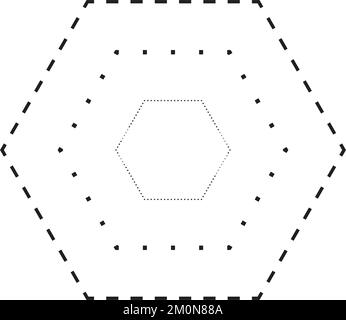 Simbolo a forma esagonale tracciante, linea tratteggiata tratteggiata tratteggiata a tratti per prescolare, asili e bambini Montessori, prescrittura, disegno e taglio Illustrazione Vettoriale