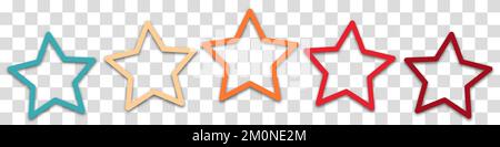 Colorato punteggio di 5 stelle in stile retrò su uno sfondo trasparente. Concetto di feedback per app mobile o sito Web. Design di forma di qualità. Illustrazione vettoriale Illustrazione Vettoriale