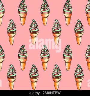 Motivo a trama trasparente di gelato rosso-verde in una tazza di waffle con gusto alla frutta e alla crema su sfondo rosa. Illustrazione di alta qualità Foto Stock