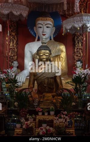 Splendido Buddha in stile Shan che sottomette statue Mara a vihara nell'antico tempio buddista di Wat Pa Pao, Chiang mai, Thailandia Foto Stock