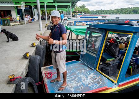 Barche al molo principale della città di Tortuguero in Costa Rica Foto Stock