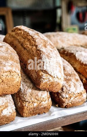 Pagnotte di pane sugli scaffali del banco del panificio del negozio. Pane e dolci freschi fatti in casa e a grani interi. Foto di alta qualità Foto Stock