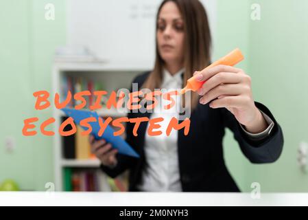 Cartello che mostra l'ecosistema aziendale. Concetto di Internet sviluppare e implementare le opportunità di crescita dell'organizzazione Foto Stock
