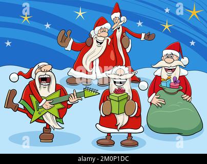 Illustrazione del cartone animato delle clausole di Santa caratteri comici che cantano un carol sul tempo di Natale Illustrazione Vettoriale