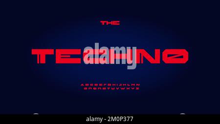 Carattere techno ampio, alfabeto contemporaneo. Typeset esteso con linee in stile cyber futuristico. Tipo insolito per il titolo e il logo steampunk moderno Illustrazione Vettoriale