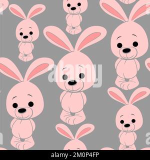 modello senza cuciture con conigli di cartone animato rosa su sfondo grigio, tema per bambini, design Foto Stock