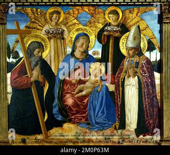 Madonna dell'umiltà, Madonna col Bambino, Maria e Cristo, due Angeli, Sant'Andrea, San Prospero, del Museo Civico di San Gimignano, Toscana, Arte cristiana, Italia, Italiano. Foto Stock