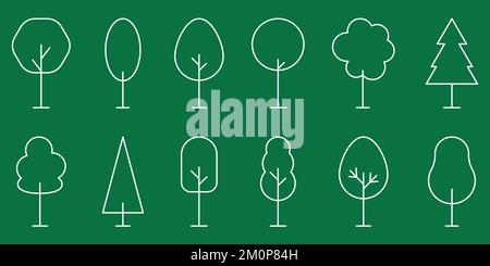 Serie di icone verdi ad albero. Stile della linea. Illustrazione vettoriale Illustrazione Vettoriale