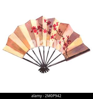 Ventilatore giapponese con ornamento del ramo sakura. Illustrazione acquerello isolata su sfondo bianco. Foto Stock