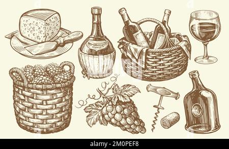 Bicchiere di vino, bottiglia, grappolo d'uva, cavatappi, bozzetto di formaggio. Cantina, concetto di vigneto. Illustrazione vettoriale vintage Illustrazione Vettoriale