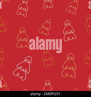 Modello senza cuciture di linea albero di Natale su sfondo rosso. Pino. Art. Linea Stile Doodle. Illustrazione vettoriale Illustrazione Vettoriale