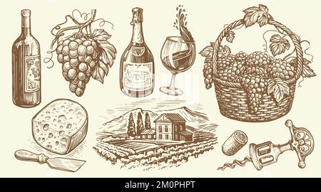 Bottiglia di vino, vitigno, vigneto, cavatappi, grappoli d'uva in paniere, formaggio. Insieme di schizzi di cantine. Vettore vintage Illustrazione Vettoriale
