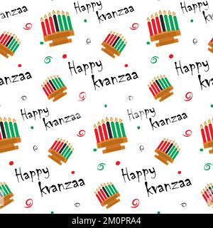 Modello senza giunture Kwanzaa. Astratto sfondo ripetizione texture modello di disegno per Kwanzaa di iscrizione e candelabro con candele in colori africani tradizionali. Isolare. Buono per il contesto. EPS Illustrazione Vettoriale