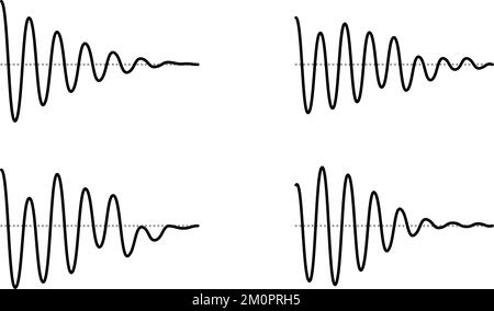 Impostazione del segnale di dissolvenza sinusoidale. Collezione di onde sonore curve nere. Concetto di audio vocale o musicale. Linee a impulsi. Dissolvenza verso l'esterno della grafica elettronica della radio. Illustrazione Vettoriale