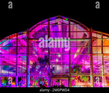 La Glasshouse illuminata nel 2022° evento annuale Christmas Glow, RHS Garden Wisley, Surrey, con illuminazioni colorate di notte Foto Stock