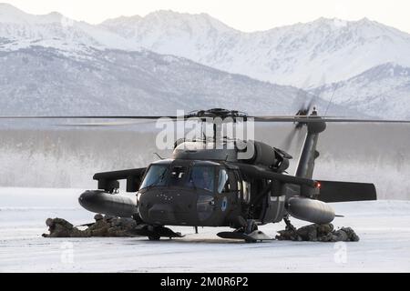 University of Alaska Army ROTC cadets offload da un Alaska Army National Guard UH-60L Black Hawk elicottero, assegnato al 1-207th Aviation Regiment, durante un evento di addestramento di assalto aereo alla base congiunta Elmendorf-Richardson, Alaska, 2 dicembre 2022. Dopo l'inserimento tattico, i cadetti di distacco di Seawolf si manovrarono su terreni innevati, assalivano le forze di opposizione, si assicuravano il loro obiettivo e si conclusero con un'esfiltrazione dell'aria. Il battaglione generale per l’aviazione di sostegno dell’AKARNG si allena regolarmente con tutte le succursali delle agenzie militari e civili per affinare il suo i operativo Foto Stock