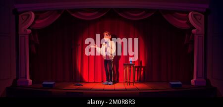 Spettacolo comico, stand up, comico aperto sul palco. Fumetto illuminato con microfono che scherza alla scena del club di divertimento standup. Divertente concerto notturno di intrattenimento, illustrazione vettoriale di Cartoon Illustrazione Vettoriale