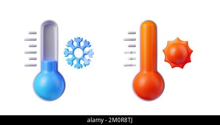 i termometri di rendering 3d mostrano temperature calde e fredde, previsioni meteorologiche invernali o estive, icone climatiche, elementi per il web design. Illustrazione di cartone animato in stile plastico isolato su sfondo bianco Foto Stock