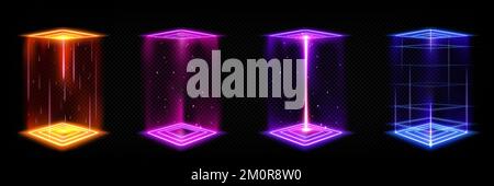 Portali futuristici, teletram magico con podio quadrato. Cabina da viaggio nel tempo, proiettore per realtà virtuale con fasci di luce colorati. GUI stile tecnologia HUD Sky-fi, illustrazione vettoriale UI 3D Illustrazione Vettoriale