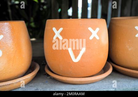 Vaso di fiori con facce che mostrano sentimenti Foto Stock