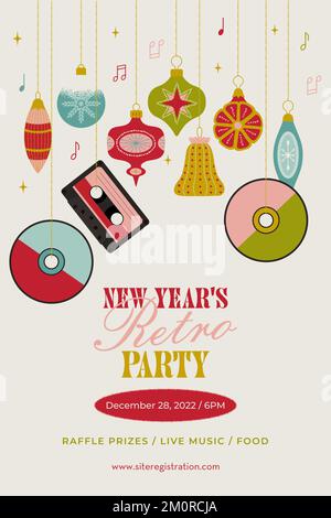 Modello in stile retrò per la festa di Capodanno. Illustrazione vettoriale con palle di vetro decorative in uno stile piatto alla moda Illustrazione Vettoriale