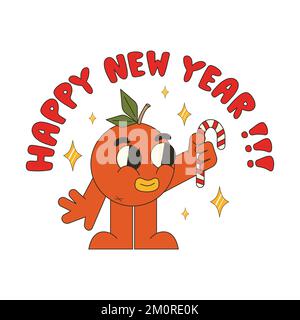 Felice anno nuovo stile hippie. Arancione in stile cartoon retrò alla moda Illustrazione Vettoriale