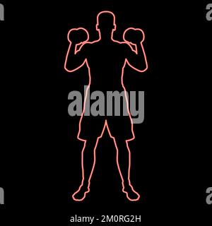 Neon uomo fare esercizi con manubri sport azione maschile allenamento silhouette vista frontale iconred colore vettore illustrazione immagine piatto stile luce Illustrazione Vettoriale