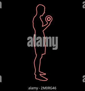 Neon uomo fare esercizi con manubri sport azione maschile allenamento silhouette vista laterale iconred colore vettore illustrazione immagine piatto stile luce Illustrazione Vettoriale