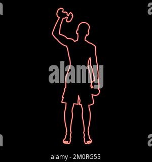 Neon uomo fare esercizi con manubri sport azione maschile allenamento silhouette vista frontale iconred colore vettore illustrazione immagine piatto stile luce Illustrazione Vettoriale