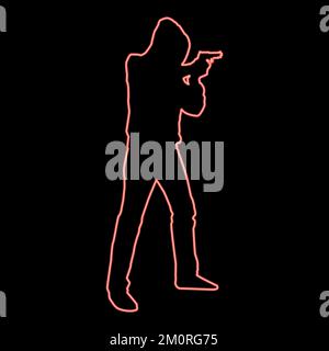 Neon uomo nel cappuccio con pistola concetto pericolo braccio corto iconrosso colore vettore illustrazione immagine piatto stile luce Illustrazione Vettoriale
