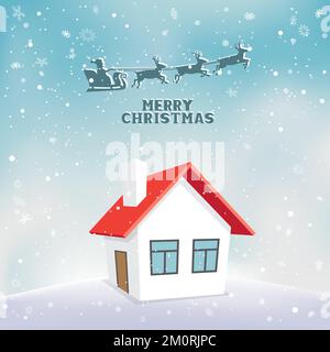 Natale collina nevicata Santa volare sopra la casa Illustrazione Vettoriale