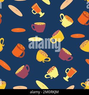 Tazze e piattini motivo lucido senza cuciture. Tè, tè, caffè. Carta da parati, carta da parati Illustrazione Vettoriale