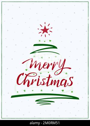 Allegro Natale scritta a mano, moderna calligrafia a pennello. Un albero di Natale è fatto del testo, del segno della penna, della stella rossa e delle decorazioni. Illustrazione Vettoriale