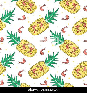 Riso all'ananas con motivo senza cuciture di gamberetti. Sfondo con esotico piatto tropicale. Stampa alimentare asiatica per tessuti, imballaggi, carta e design vecto Illustrazione Vettoriale