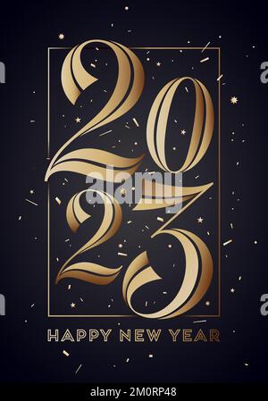 2023, Felice Anno Nuovo. Biglietto d'auguri con 2023 per la Festa del Capodanno felice d'oro. Stile dorato lucido brillante per Felice anno nuovo o Buon Natale. Sfondo oro per le vacanze, banner. Illustrazione vettoriale Illustrazione Vettoriale