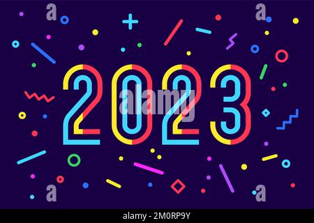 2023, Felice Anno Nuovo. Biglietto d'auguri con 2023 per Felice Capodanno. Stile luminoso e geometrico per Felice anno nuovo o Buon Natale. Sfondo festivo, banner, poster. Illustrazione vettoriale Illustrazione Vettoriale