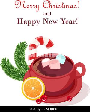 Tazza di Natale di cacao o cioccolata calda con marshmallow . Design per biglietti di Natale e Capodanno, poster, banner, cartoline, stampa. Illustrazione Vettoriale