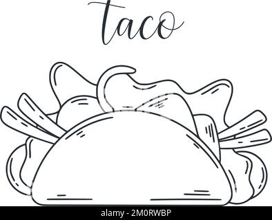 Illustrazione di Taco doodle. Inchiostro schizzo di tartilla farcita. Antipasto messicano con carne e verdure clip art. Cibo latino-americano isolato vettore malato Illustrazione Vettoriale