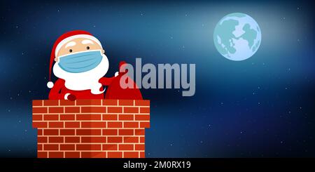 Babbo Natale in maschera seduta in camino. Illustrazione vettoriale. Illustrazione Vettoriale