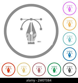 Eliminazione del punto di modifica con le icone di colore piatto dello strumento penna in contorni rotondi su sfondo bianco Illustrazione Vettoriale