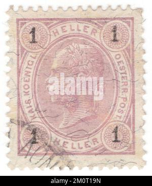 AUSTRIA — 1901: Un francobollo in lilla heller del 1 raffigurante un ritratto in rilievo del giovane imperatore monarca austriaco Franz Josef. Francesco Giuseppe i o Francesco Giuseppe i fu imperatore d'Austria, re d'Ungheria, e gli altri stati della monarchia asburgica dal 2 dicembre 1848 fino alla sua morte il 21 novembre 1916. Nella prima parte del suo regno, i suoi reami e territori furono chiamati Impero Austriaco, ma furono ricostituiti come la doppia monarchia dell'Impero Austro-Ungarico nel 1867. Dal 1 maggio 1850 al 24 agosto 1866, Franz Joseph è stato anche Presidente della Confederazione tedesca Foto Stock