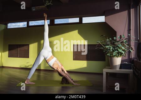 Una giovane donna che conduce uno stile di vita sano e pratica yoga, esegue una variazione dell'esercizio di Adho Mukha Schwanasana, una posa del cane con un muzzl Foto Stock