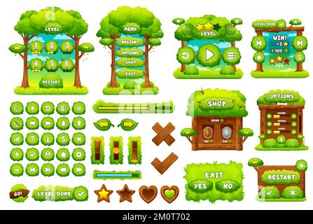 Interfaccia di gioco verde foresta. Pulsanti di gioco UI, risorsa di gioco elementi gui. Pannello menu vettore, opzioni di uscita o riavvio, barra di avanzamento e icone ux livello con piante, legno e alberi. Kit di gioco per cartoni animati Illustrazione Vettoriale